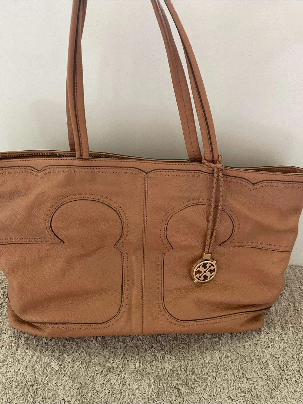 Tory Burch Cognac Leather Tote with Logo Charm